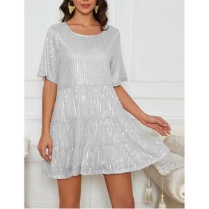 White Sequin Tiered Dress Short Sleeve Party Tunic - Polyester, Sparkly Size XL